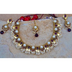 Ethnic Purple Pearl Necklace Set with Maang Tikka